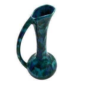 Vintage Art Pottery Ewer Vase Green Blue Drip Glaze Tall Handle MCM